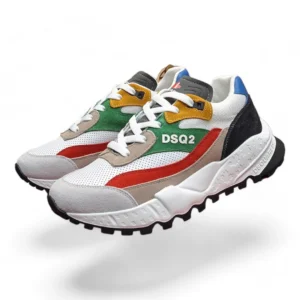 DSQUARED2 run dsq2 white, red, green, and yellow