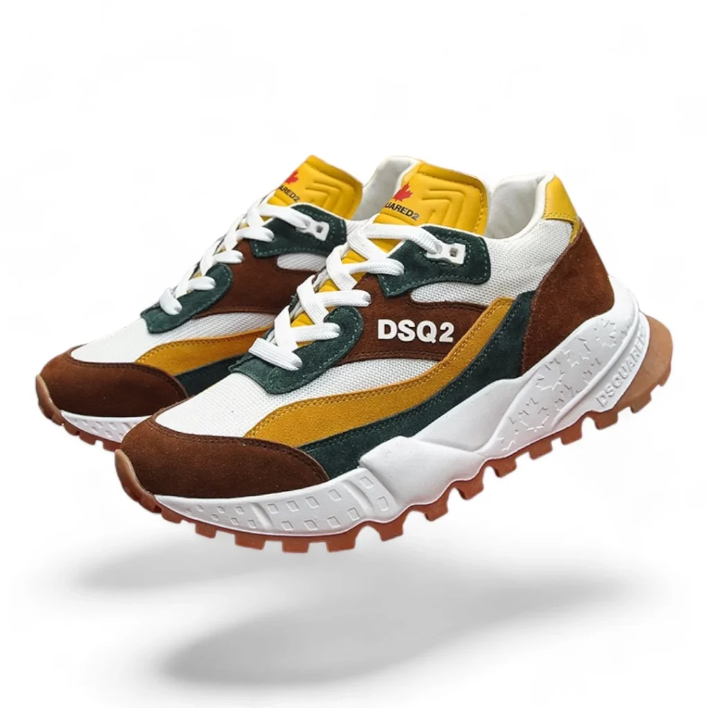 DSQUARED2 run dsq2 white, brown, yellow, and green