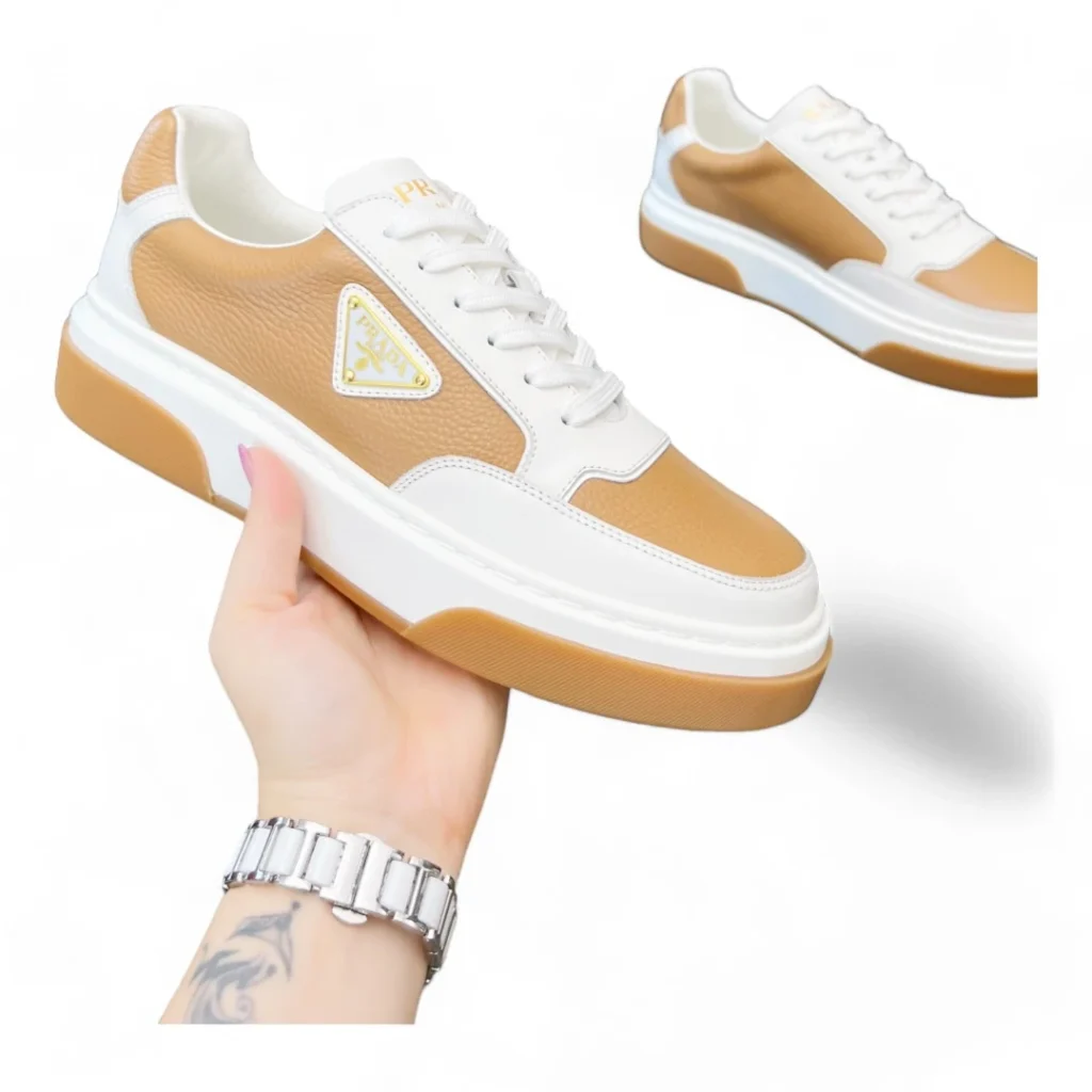 PRADA prax 01 leather sneakers beige and white
