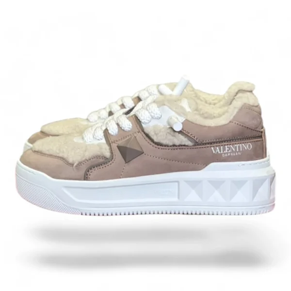 VALENTINO garavani one stud shearling sneaker beige and white