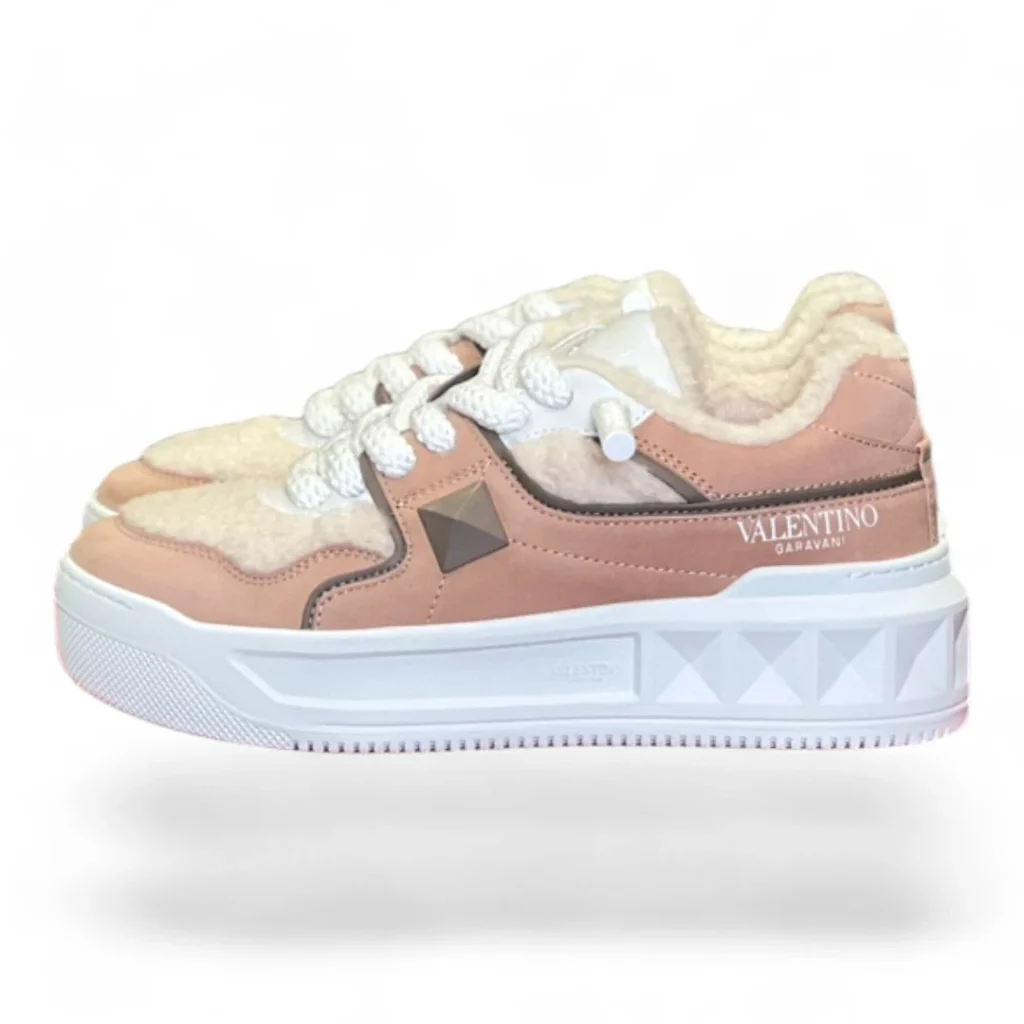 VALENTINO garavani one stud shearling sneaker pink and white