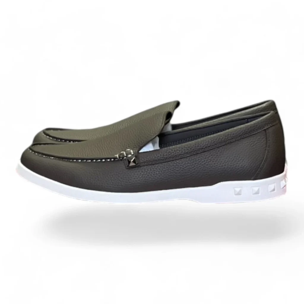 VALENTINO garavani pebbled leather loafer dark grey