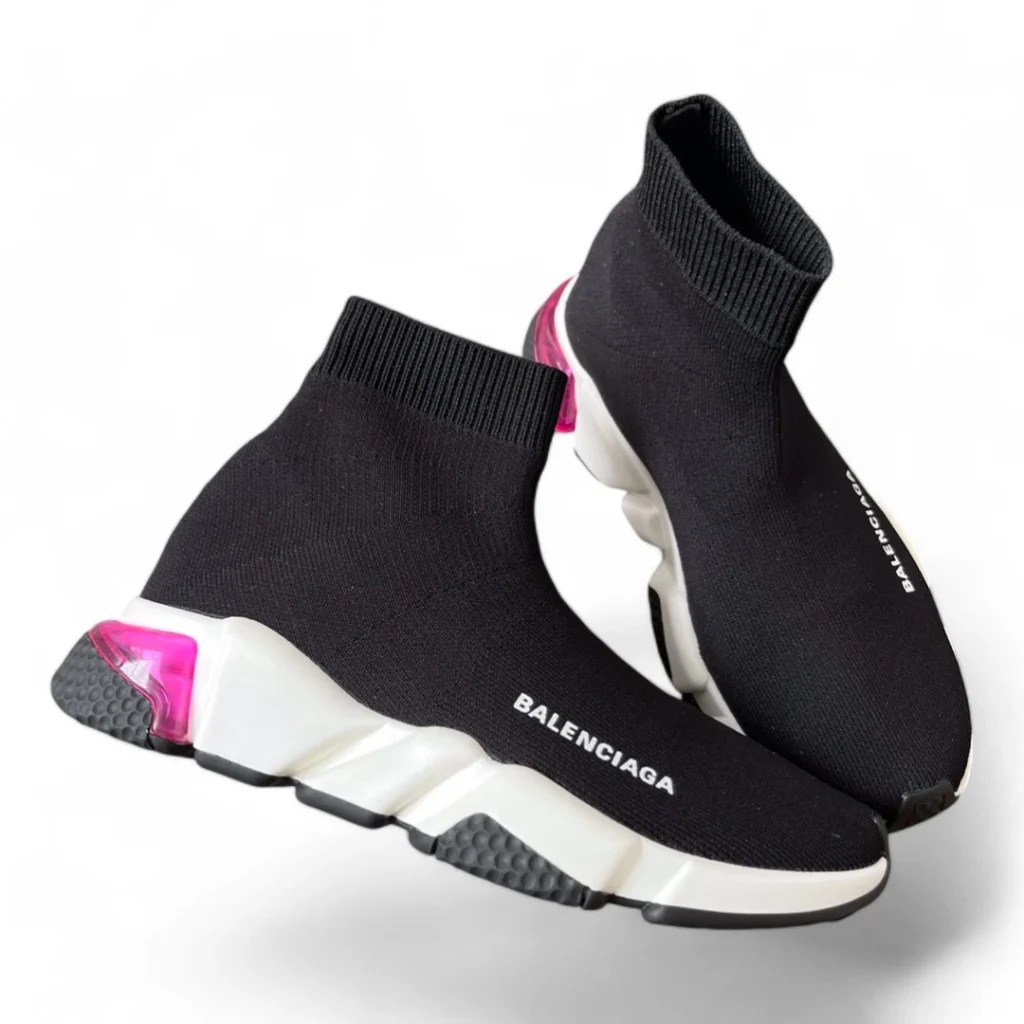 BALENCIAGA speed trainer pink heel black and white