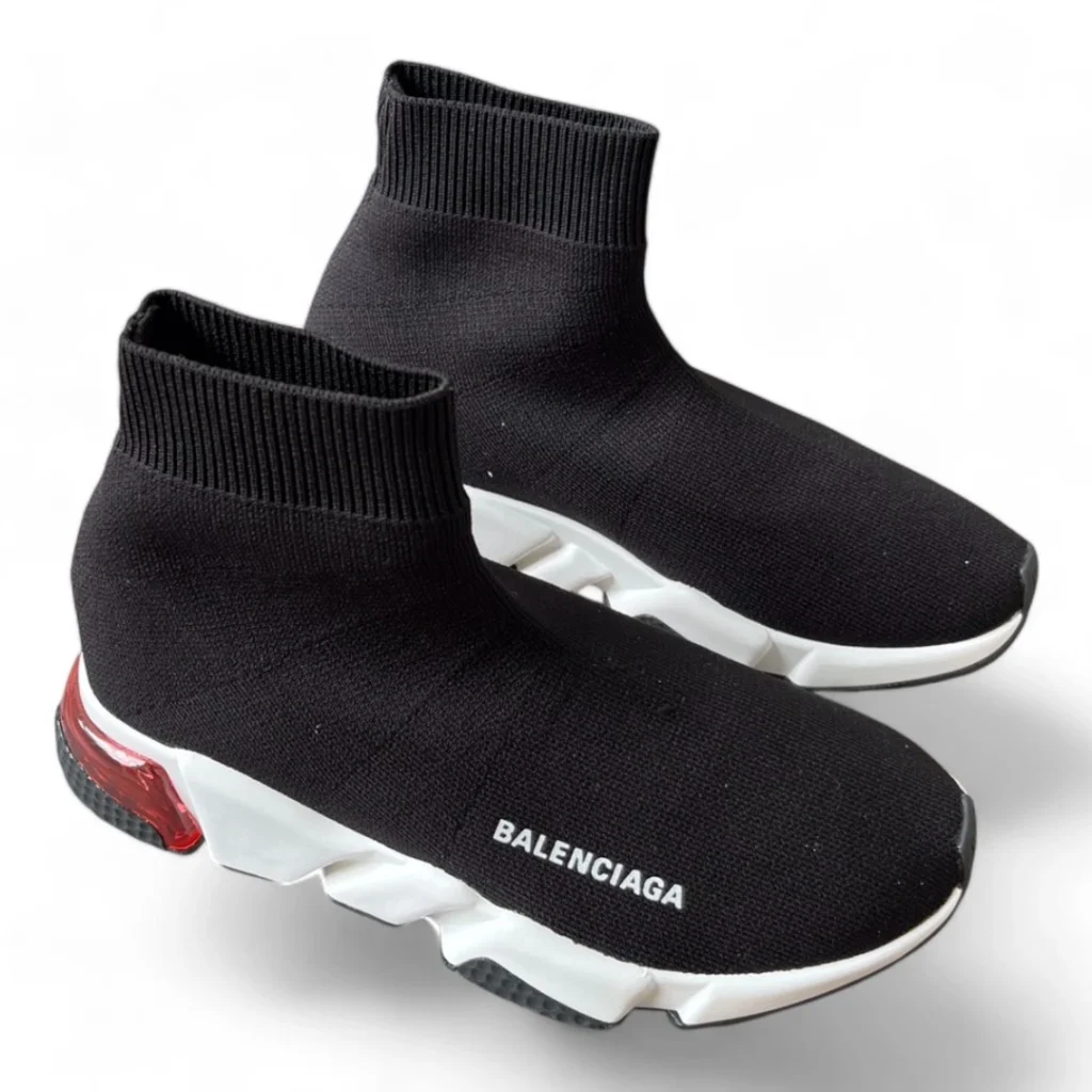 BALENCIAGA speed trainer red heel black and white