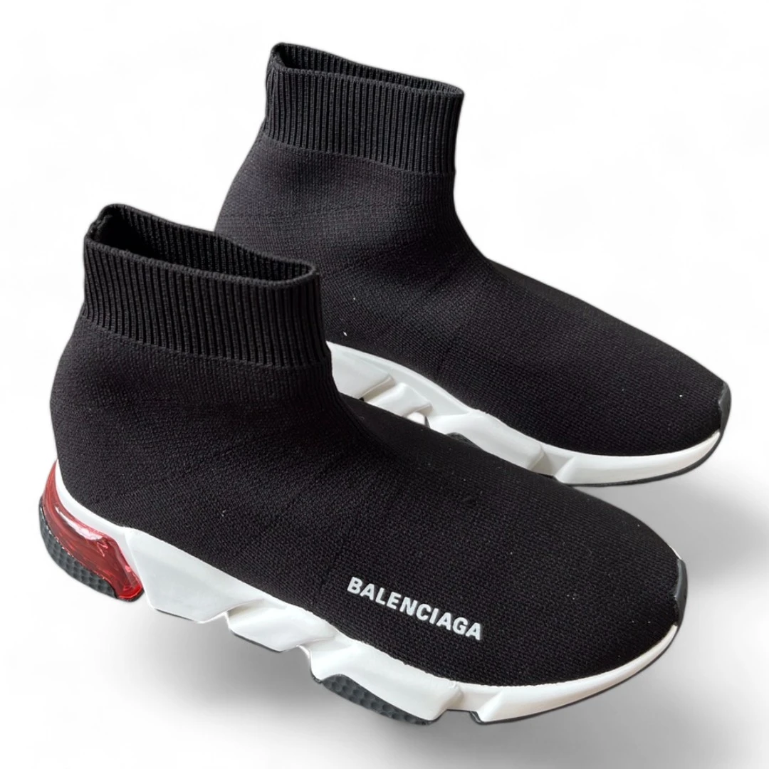 BALENCIAGA speed trainer red heel black and white