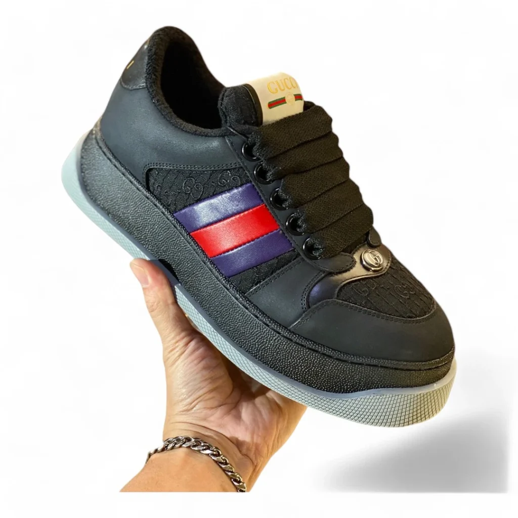 GUCCI gg embossed sneaker black with red and purple web