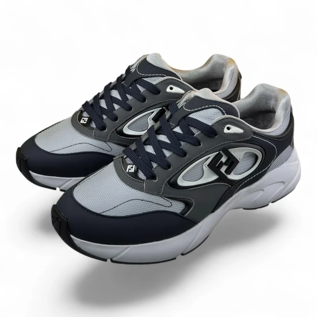FENDI flow runner mesh and leather sneakers gray and navy