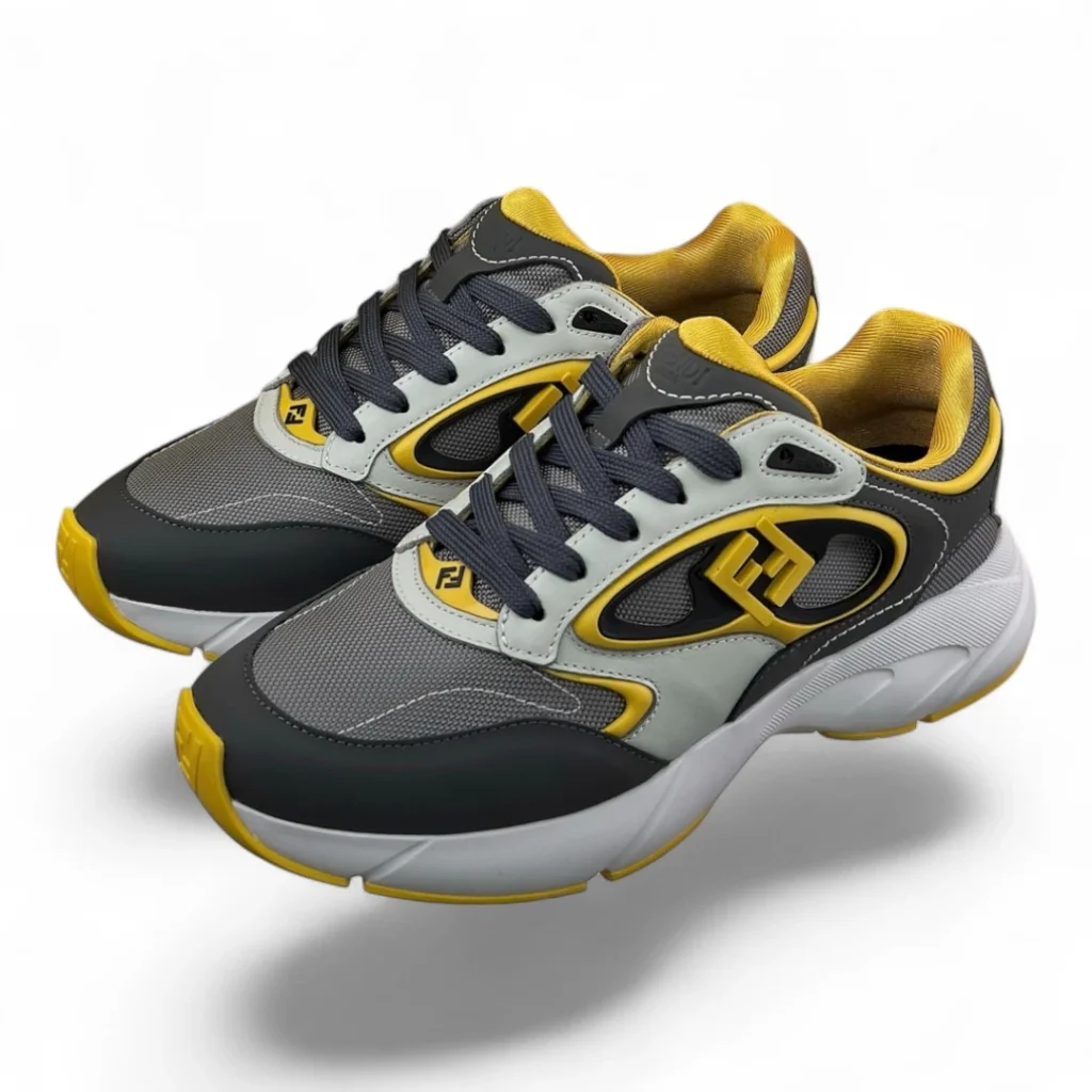 FENDI flow runner mesh & leather sneakers gray and yellow