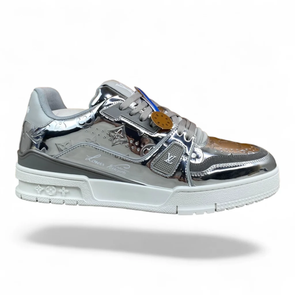LOUIS VUITTON trainer metallic silver and white