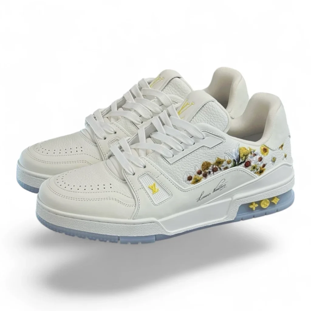 LOUIS VUITTON lv trainer sneaker white with embroidered flowers