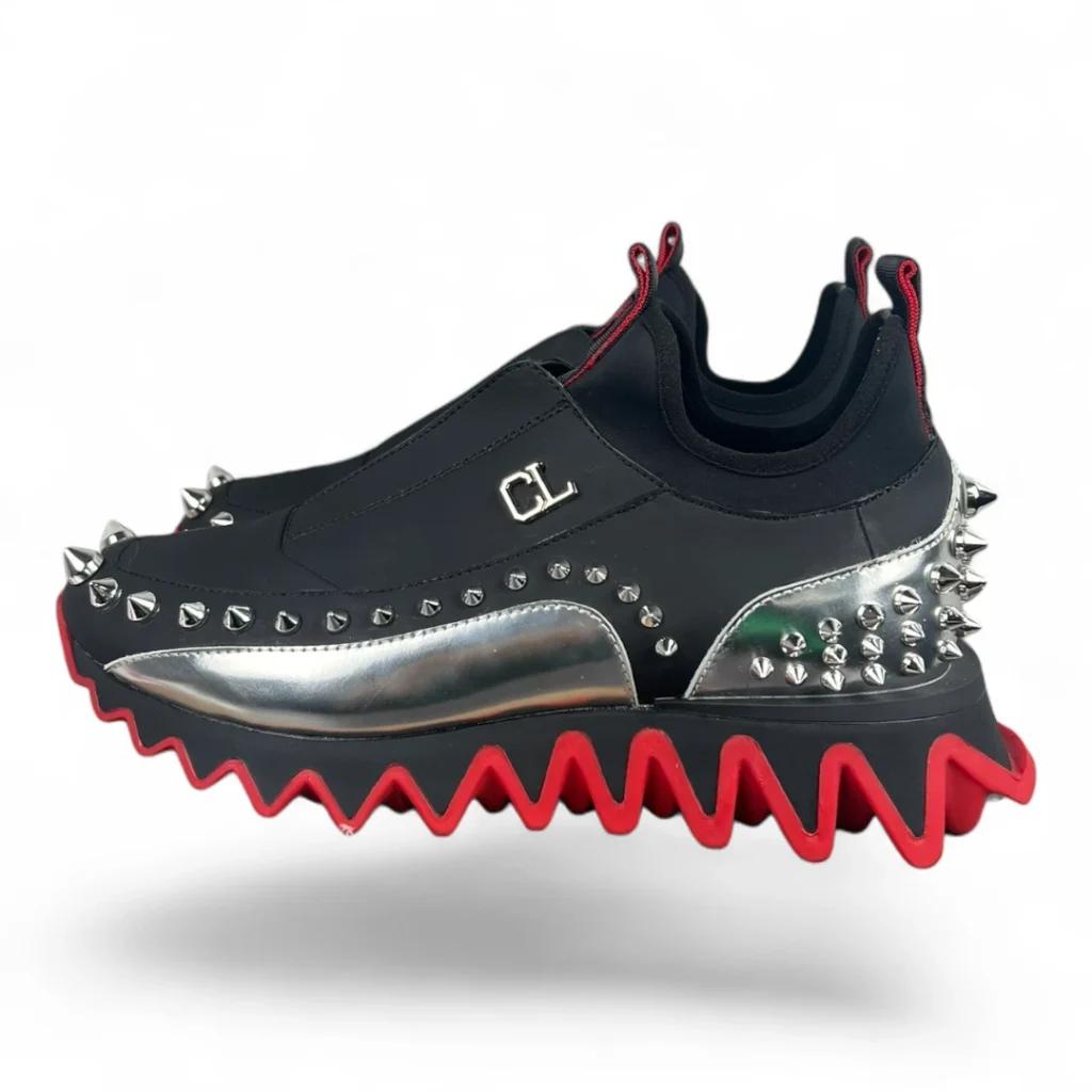 CHRISTIAN LOUBOUTIN sharkina slip-on black silver and red spikes