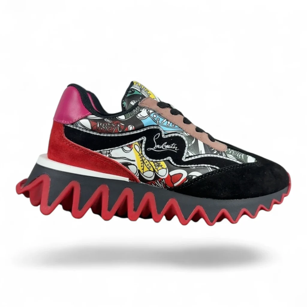 CHRISTIAN LOUBOUTIN loubishark sneaker black multicolor print and red